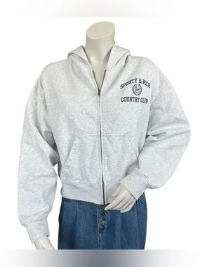 Sporty & Rich Light Gray Varsity Crest Zip Up Hooded Sweatshirt Size Medium